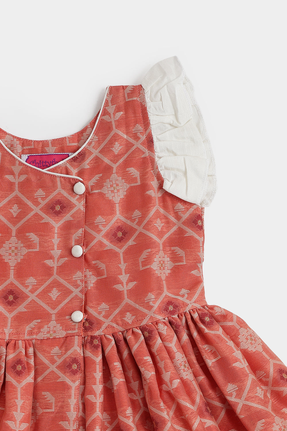 Chittythalli Girls Ethnic Frock – Jamdhani Chanderi Cotton Slub Knee Length Dress with Ruffle Sleeves & Front Open | Traditional Wear for Toddlers - FR29