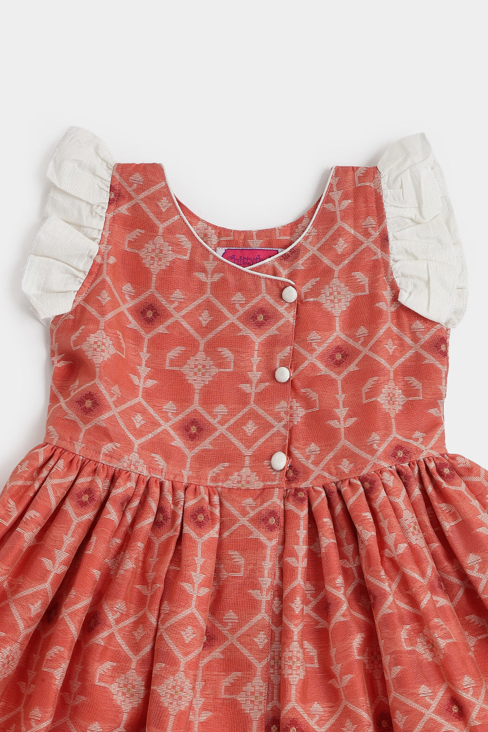 Chittythalli Girls Ethnic Frock – Jamdhani Chanderi Cotton Slub Knee Length Dress with Ruffle Sleeves & Front Open | Traditional Wear for Toddlers - FR29