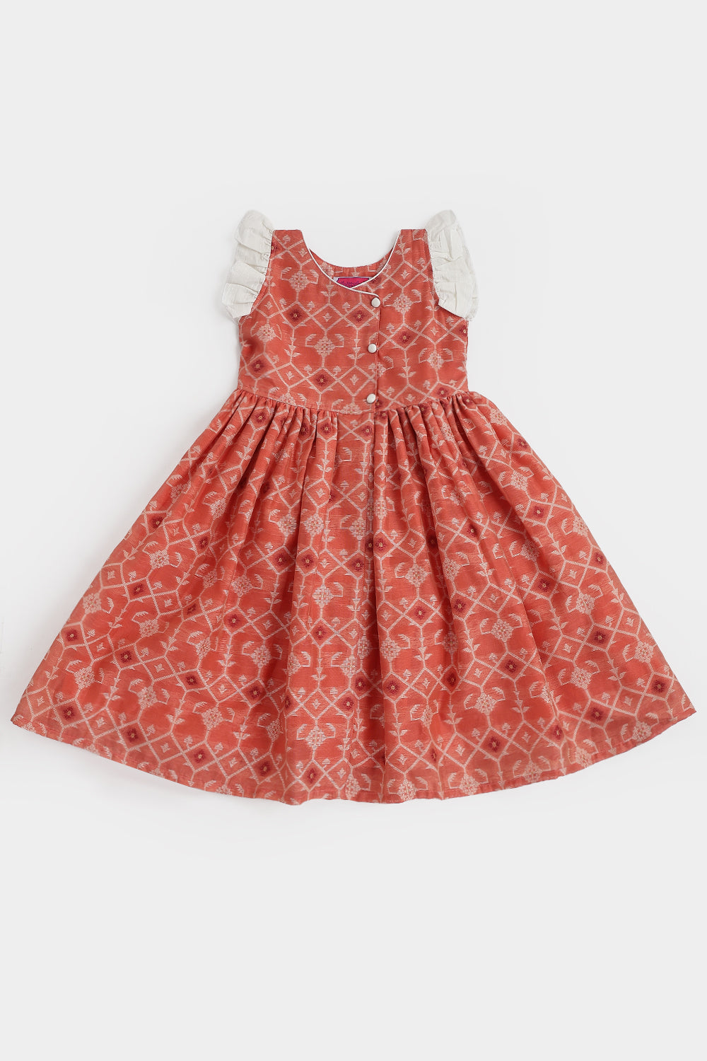 Chittythalli Girls Ethnic Frock – Jamdhani Chanderi Cotton Slub Knee Length Dress with Ruffle Sleeves & Front Open | Traditional Wear for Toddlers - FR29
