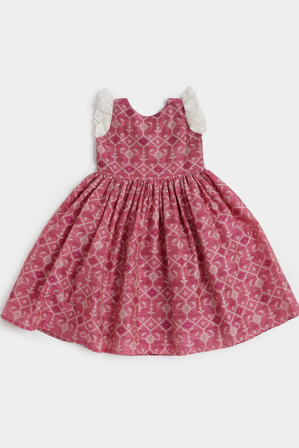 Chittythalli Girls Ethnic Frock – Jamdhani Chanderi Cotton Slub Knee Length Dress with Ruffle Sleeves & Front Open | Traditional Wear for Toddlers - FR29