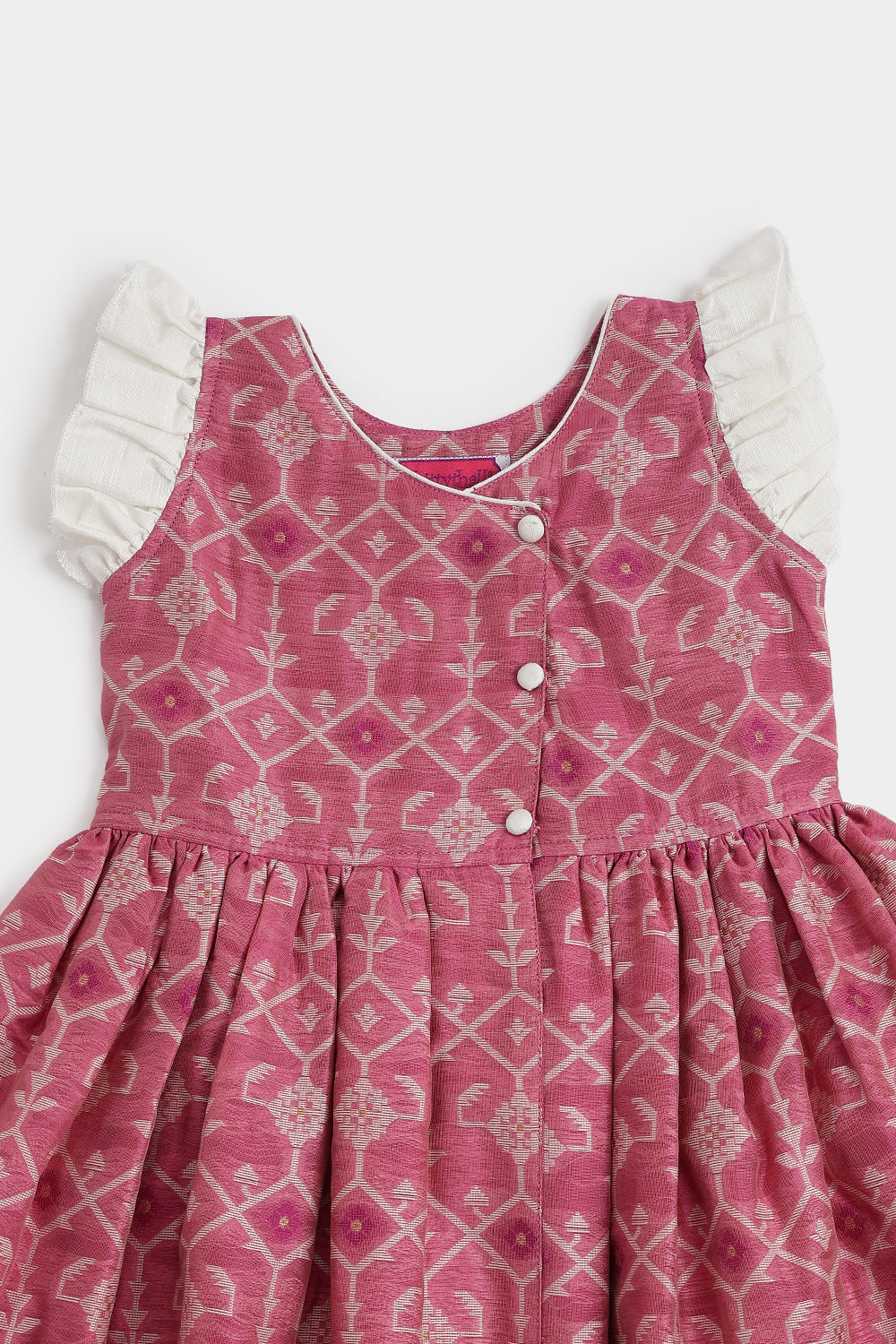 Chittythalli Girls Ethnic Frock – Jamdhani Chanderi Cotton Slub Knee Length Dress with Ruffle Sleeves & Front Open | Traditional Wear for Toddlers - FR29