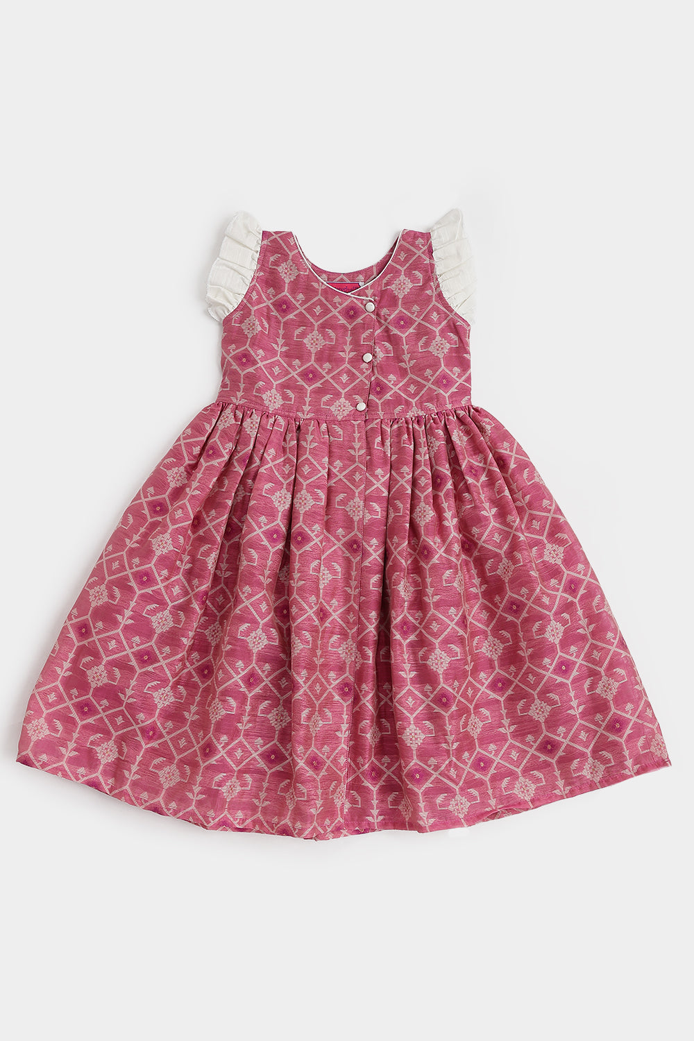 Chittythalli Girls Ethnic Frock – Jamdhani Chanderi Cotton Slub Knee Length Dress with Ruffle Sleeves & Front Open | Traditional Wear for Toddlers - FR29