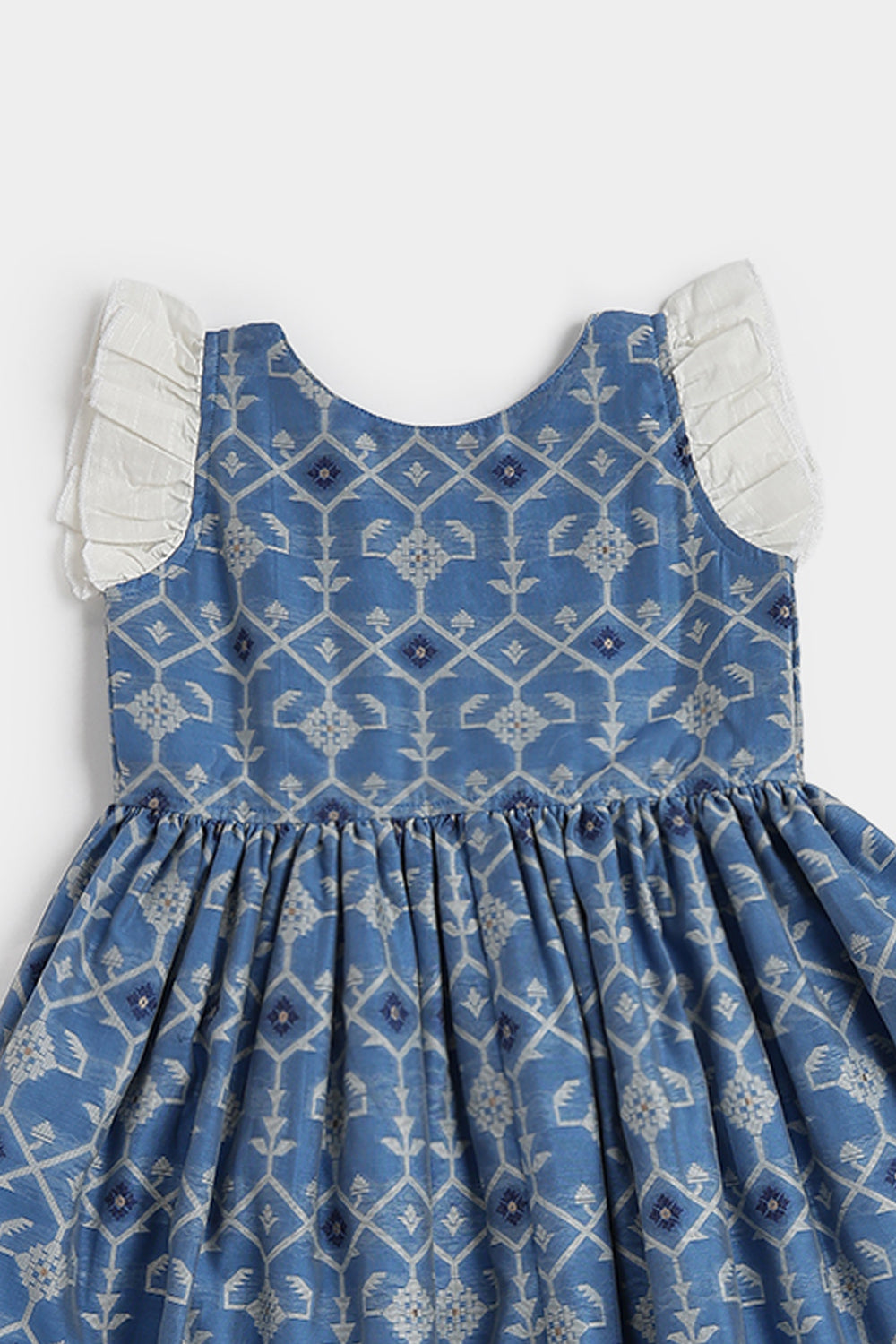 Chittythalli Girls Ethnic Frock – Jamdhani Chanderi Cotton Slub Knee Length Dress with Ruffle Sleeves & Front Open | Traditional Wear for Toddlers - FR29