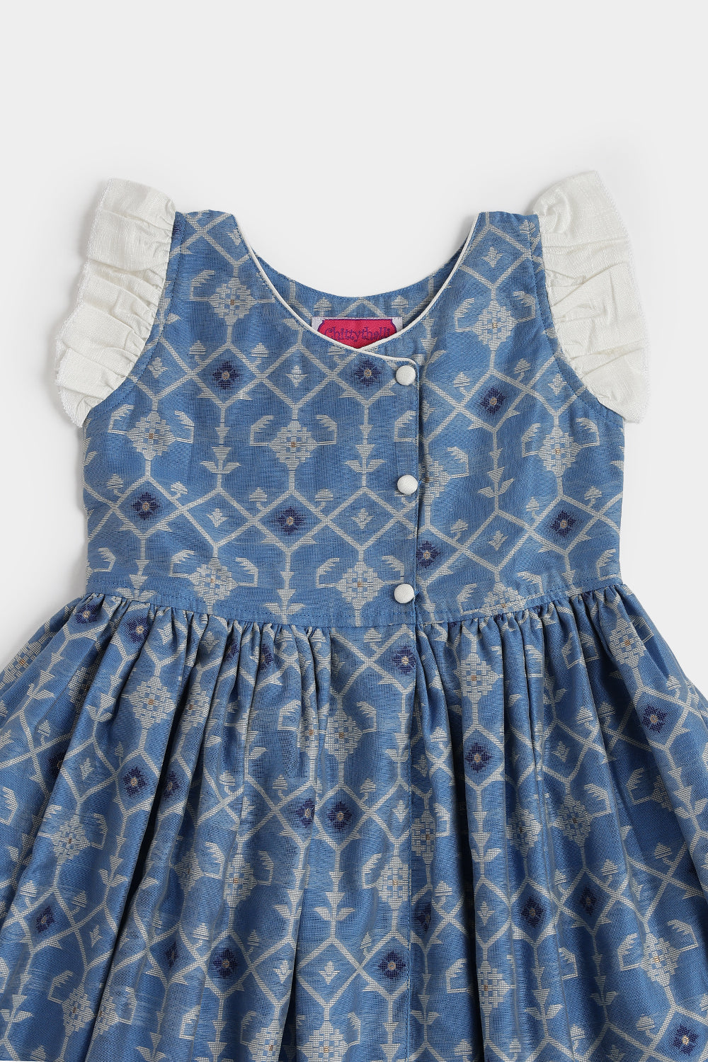 Chittythalli Girls Ethnic Frock – Jamdhani Chanderi Cotton Slub Knee Length Dress with Ruffle Sleeves & Front Open | Traditional Wear for Toddlers - FR29