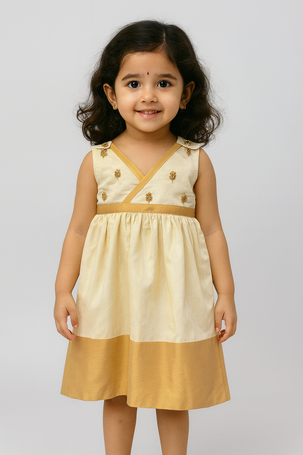 Chittythalli Girls Ethnic Frock Kasavu Cotton Onam Dress with Embroidery Crossover V Neck and Gold Waist Detail- Off White - FR47