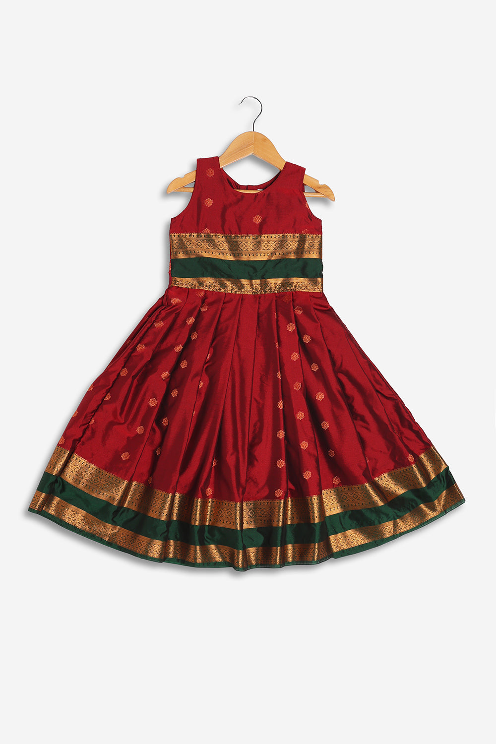 Chittythali Girls Semi Silk Ethnic Frock with Knife Pleated Skirt | Traditional Festive Dress with Back Gold Button - FR65