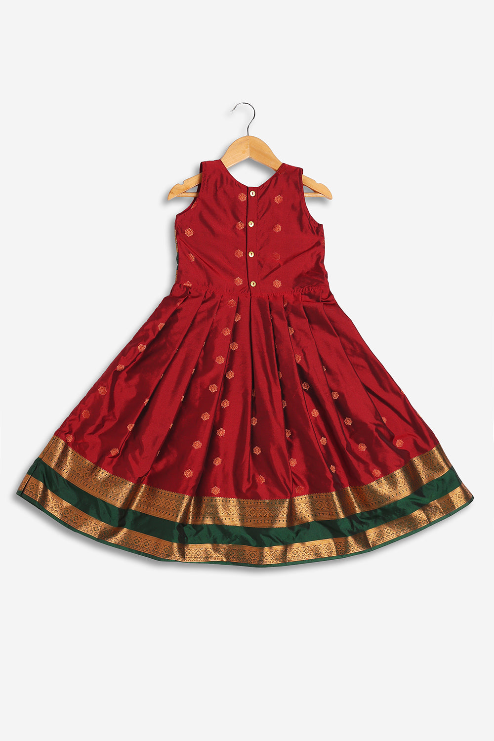 Chittythali Girls Semi Silk Ethnic Frock with Knife Pleated Skirt | Traditional Festive Dress with Back Gold Button - FR65