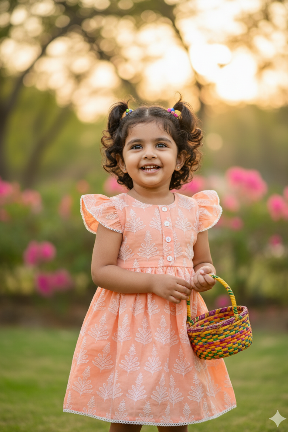 Girls Embroidered Cotton-Blend Dress | Round Neck Knee-Length Daily Wear Frock with Cap Sleeves - B648