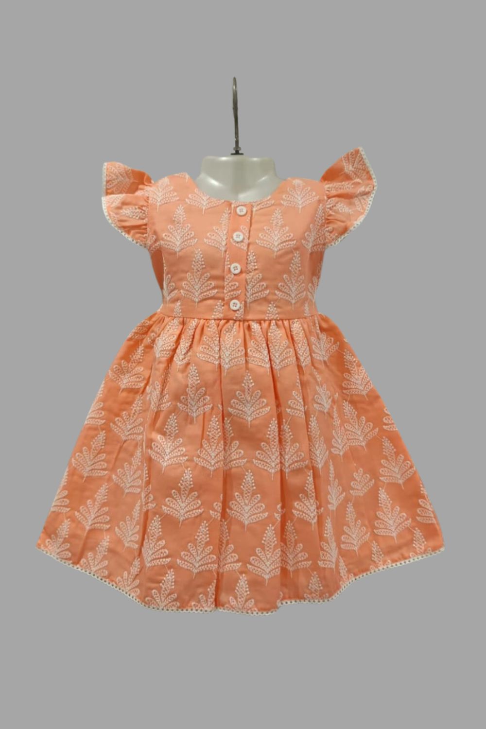 Girls Embroidered Cotton-Blend Dress | Round Neck Knee-Length Daily Wear Frock with Cap Sleeves - B648