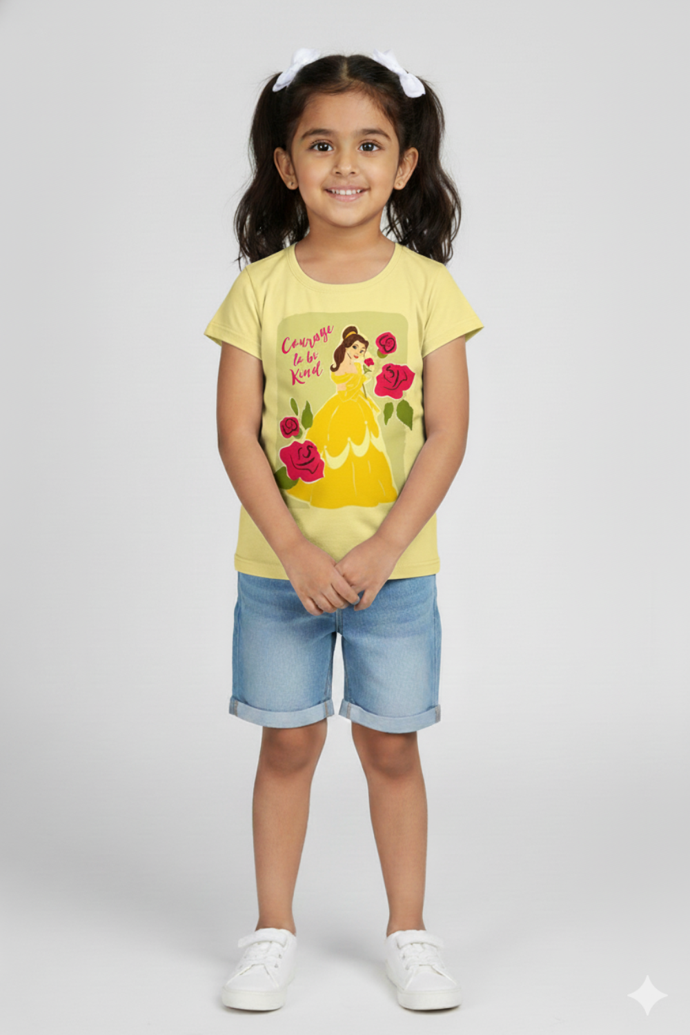 Girls Printed Cotton-Blend T-Shirt | Round Neck Short Sleeve Regular Fit Daily Wear Tee - Lemon - 3002