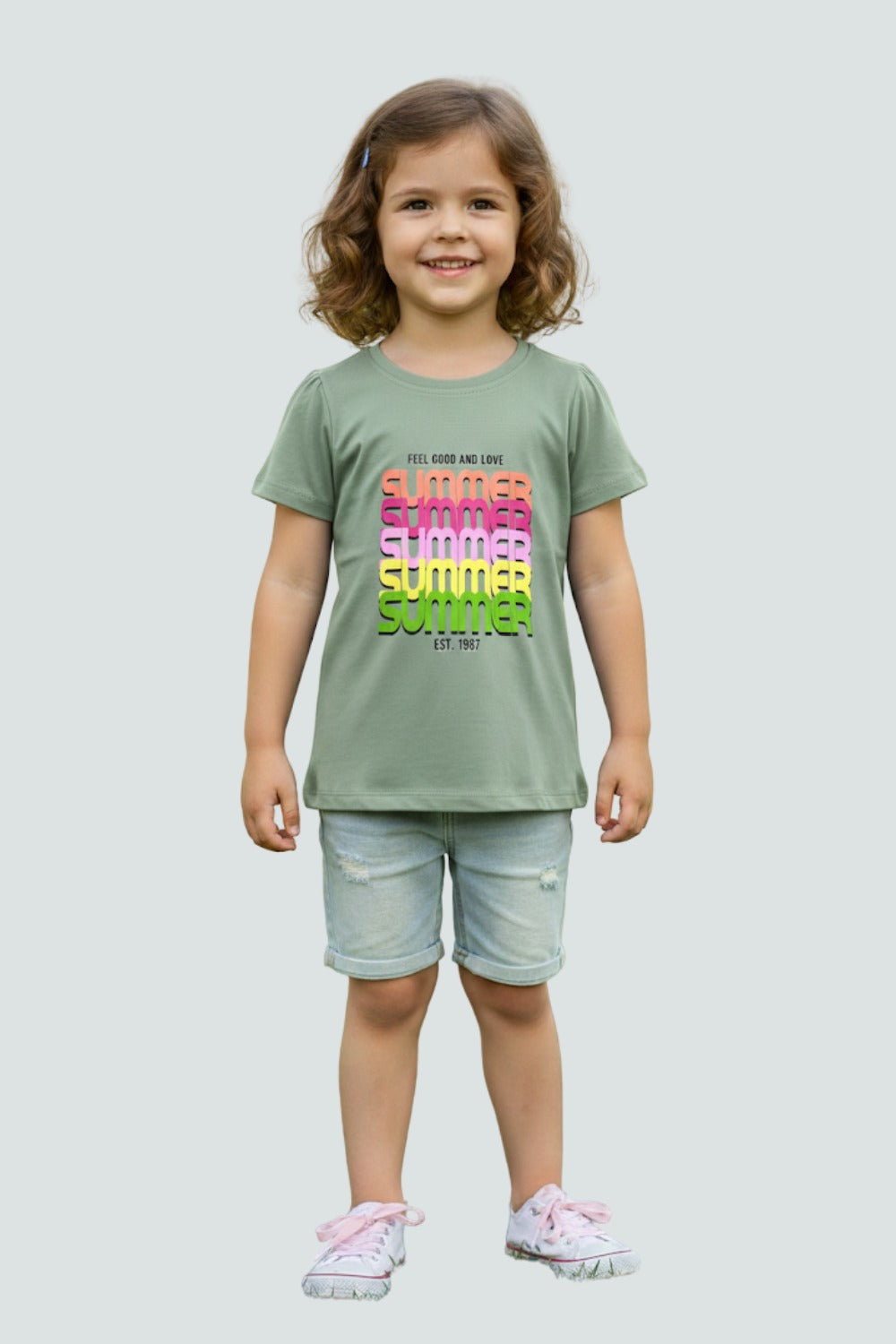 Girls’ Printed Cotton-Blend T-Shirt | Round Neck, Cap Sleeves, Regular Fit - 1792
