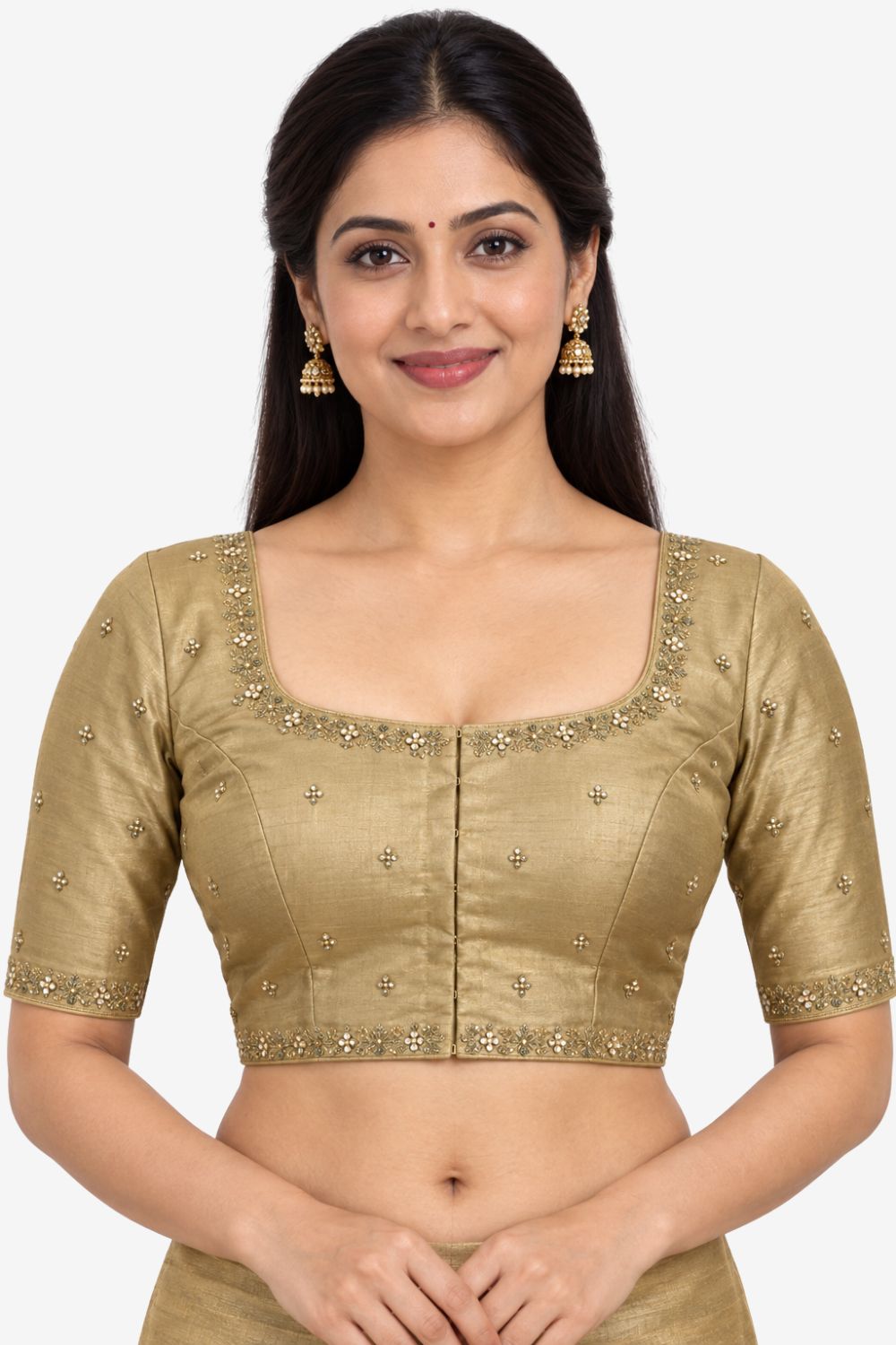 Women's Embroidery Silk Blend Saree Blouse with Round Neck Neckline and Elbow Sleeve - Regular | Ready-to-Wear Saree Blouse for Daily Wear, Festive Wear, Office Wear, Special Occasions - L566