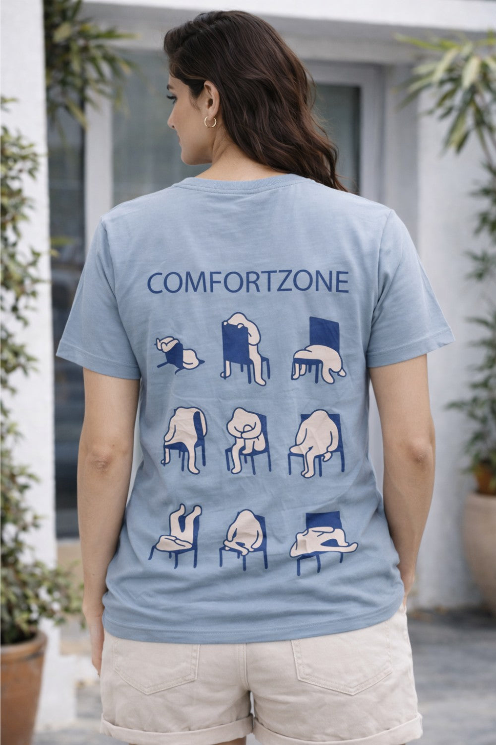 Graphic Cotton T-Shirt for Women & Unisex by Enhance Printed T-Shirt | “Ways to Sit” Round Neck Half Sleeve Crew Neck Tee | Front & Back Print COMFORTZONE Design | Everyday Casual Streetwear - Blue - TG07