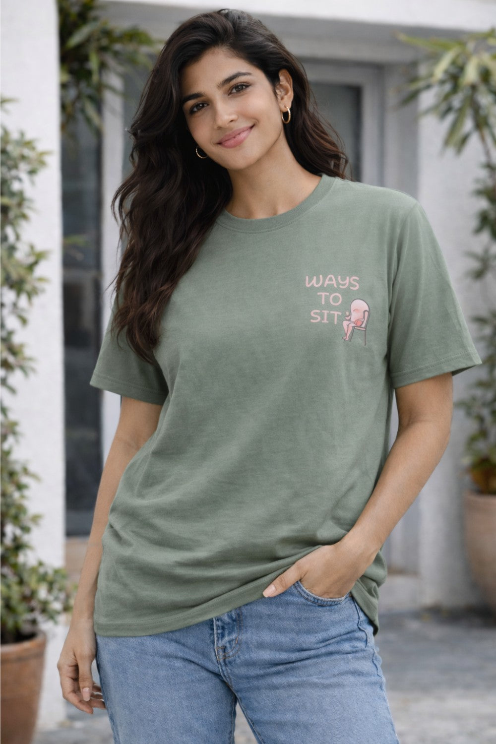 Graphic Cotton T-Shirt for Women & Unisex by Enhance Printed T-Shirt | “Ways to Sit” Round Neck Half Sleeve Crew Neck Tee | Front & Back Print COMFORTZONE Design | Everyday Casual Streetwear - Green - TG07