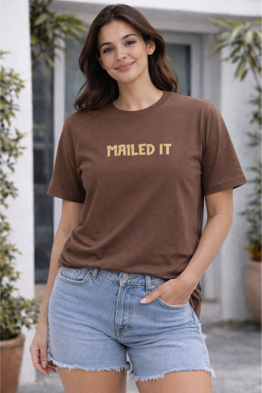 Graphic Cotton T-Shirt for Women & Unisex by Enhance Printed T-Shirt | “Mailed It” Round Neck Half Sleeve Crew Neck Tee | Front & Back Print Skateboard Laptop Design | Everyday Casual Streetwear - Brown - TG10