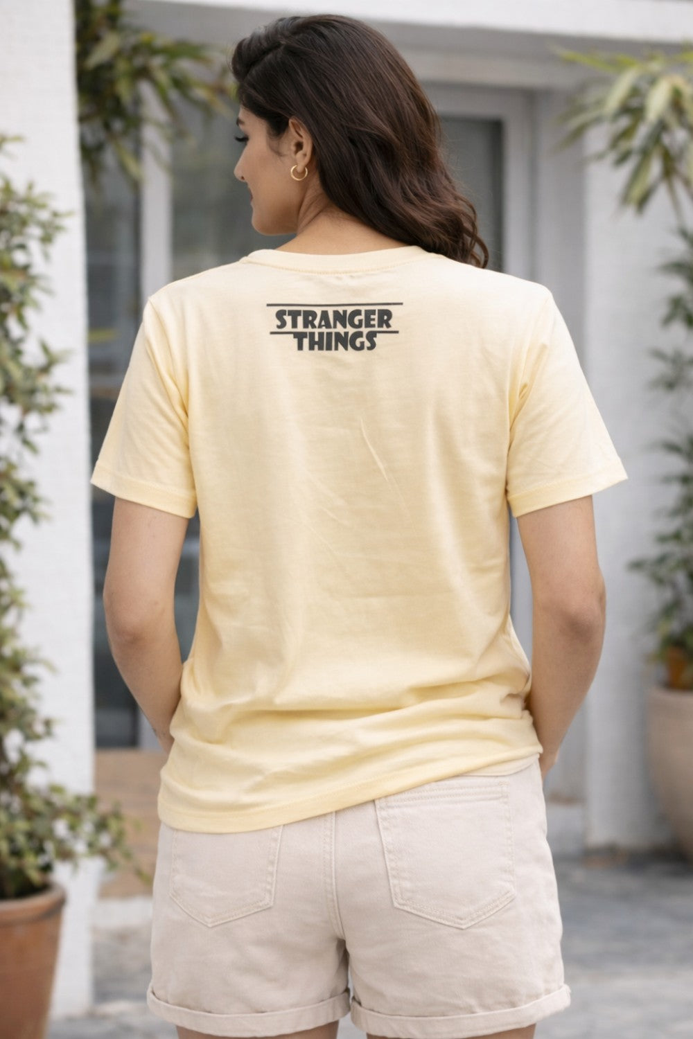 Graphic Cotton T-Shirt for Women & Unisex by Enhance Printed T-Shirt | “Stranger Things” Round Neck Half Sleeve Crew Neck Tee | Front & Back Print | Everyday Casual Streetwear - Cream - TG11