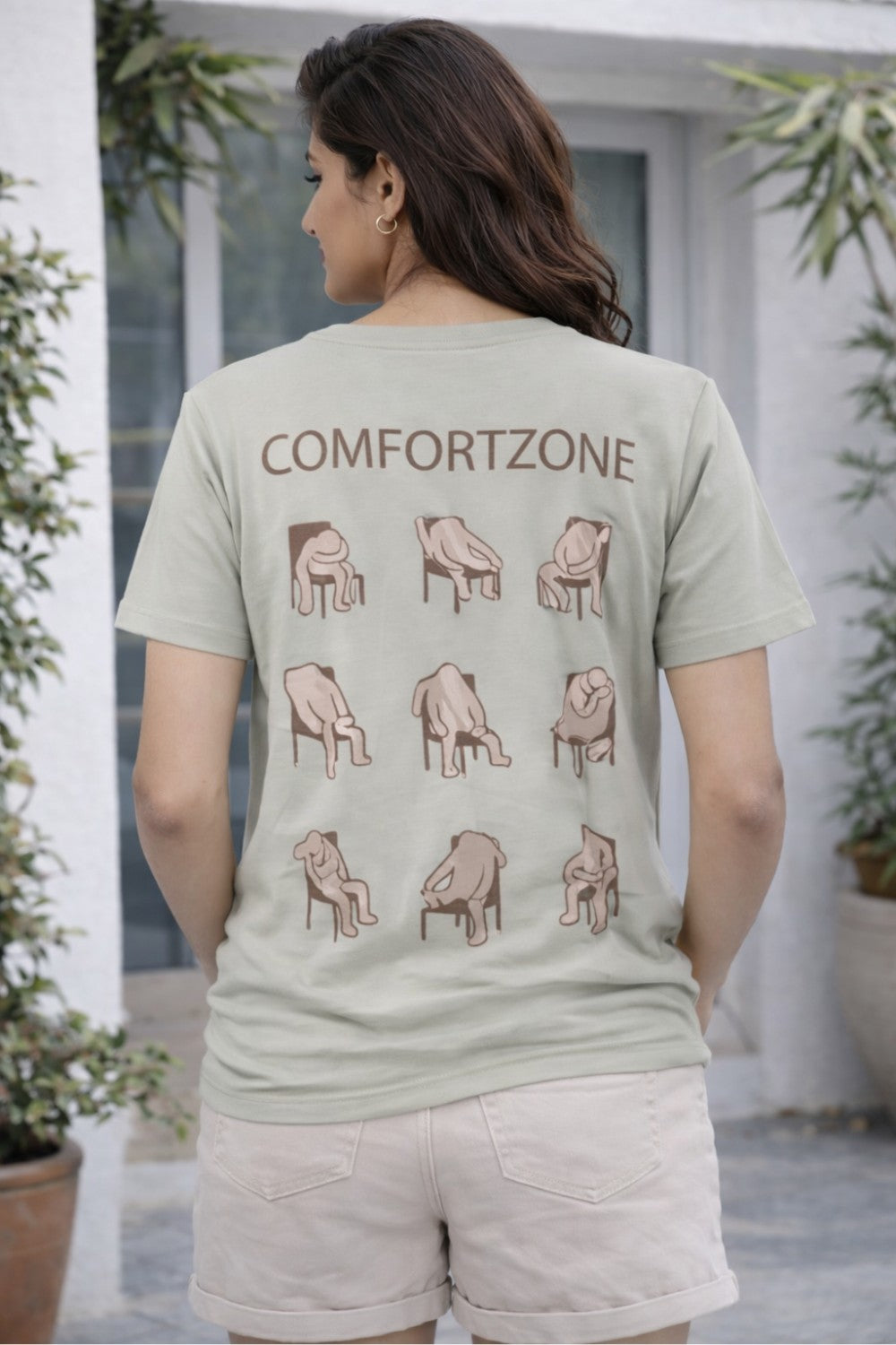 Graphic Cotton T-Shirt for Women & Unisex by Enhance Printed T-Shirt | “Ways to Sit” Round Neck Half Sleeve Crew Neck Tee | Front & Back Print COMFORTZONE Design | Everyday Casual Streetwear - Light Grey - TG07