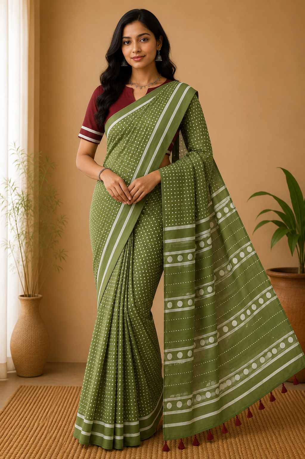 Women's Pure Cotton Jaipur Print Saree with Blouse | Soft Cotton Printed Saree for Women | Traditional, Casual & Festive Ethnic Wear - Green - 3105