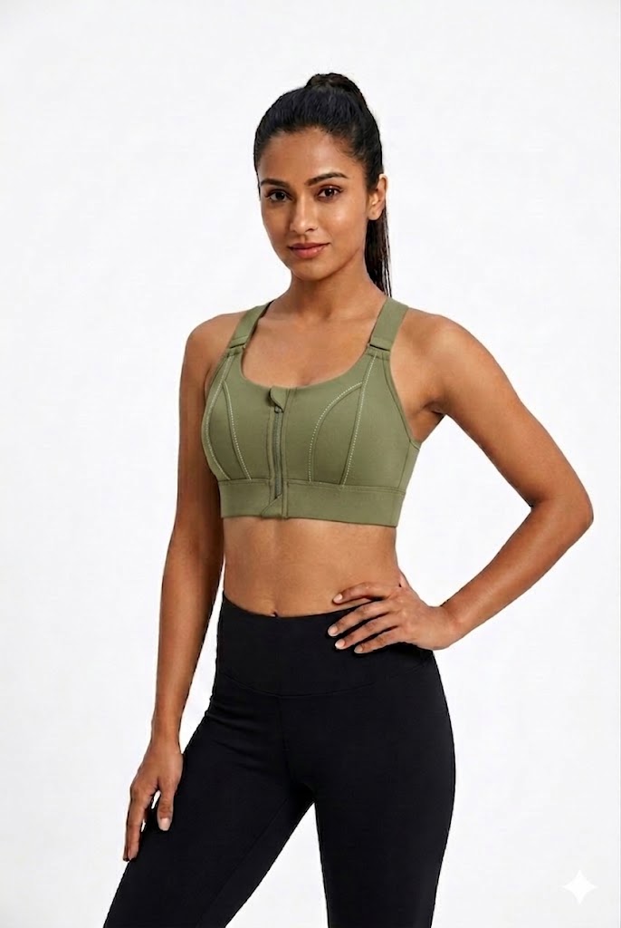 High Support Sports Bra for Women – Front Zip Adjustable Strap Workout Padded Bra with Velcro Straps & Underband | Gym, Running & Training Bra - 0839