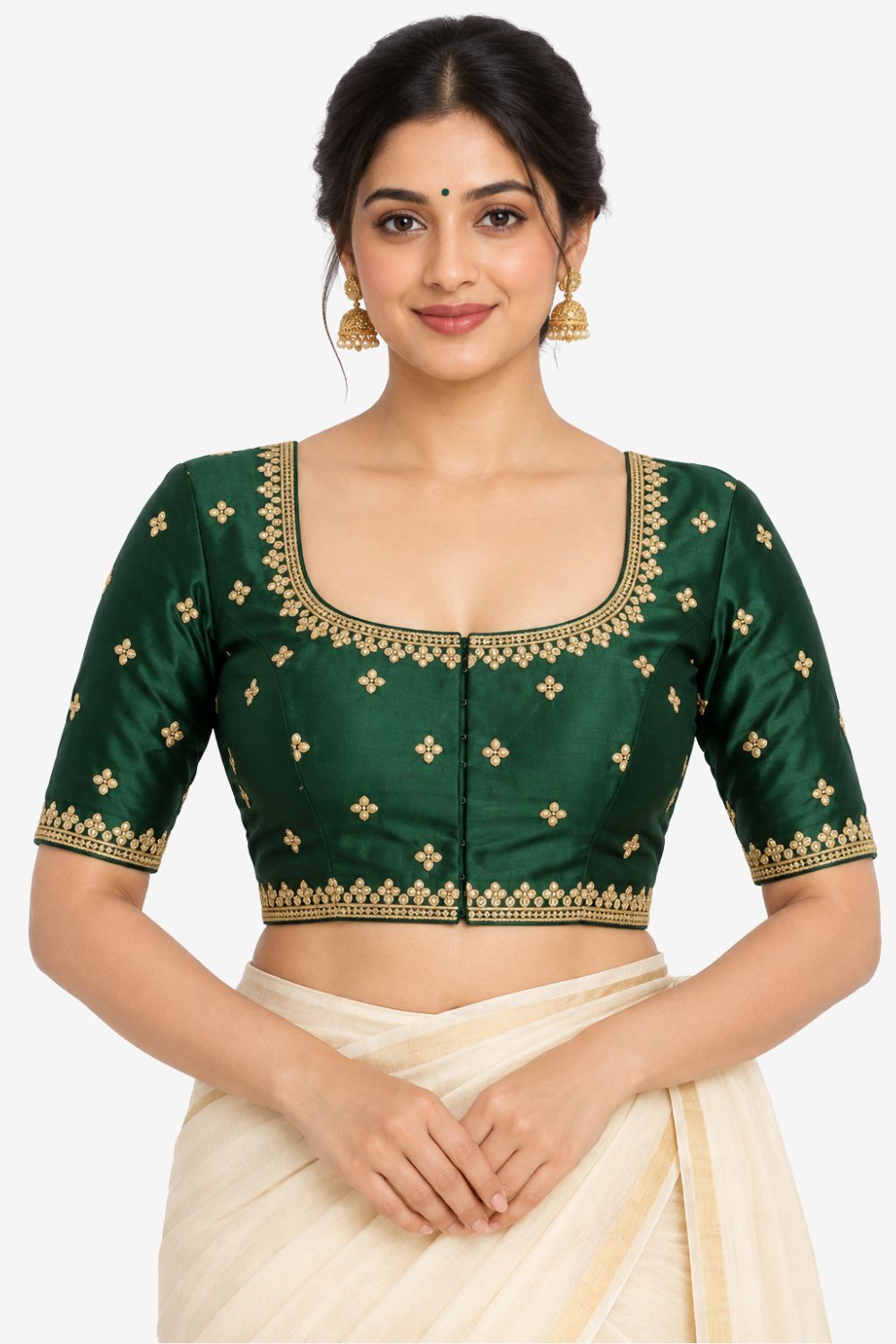 Women's Embroidery Silk Blend Saree Blouse with Round Neck Neckline and Elbow Sleeve - Regular | Ready-to-Wear Saree Blouse for Daily Wear, Festive Wear, Office Wear, Special Occasions - L963