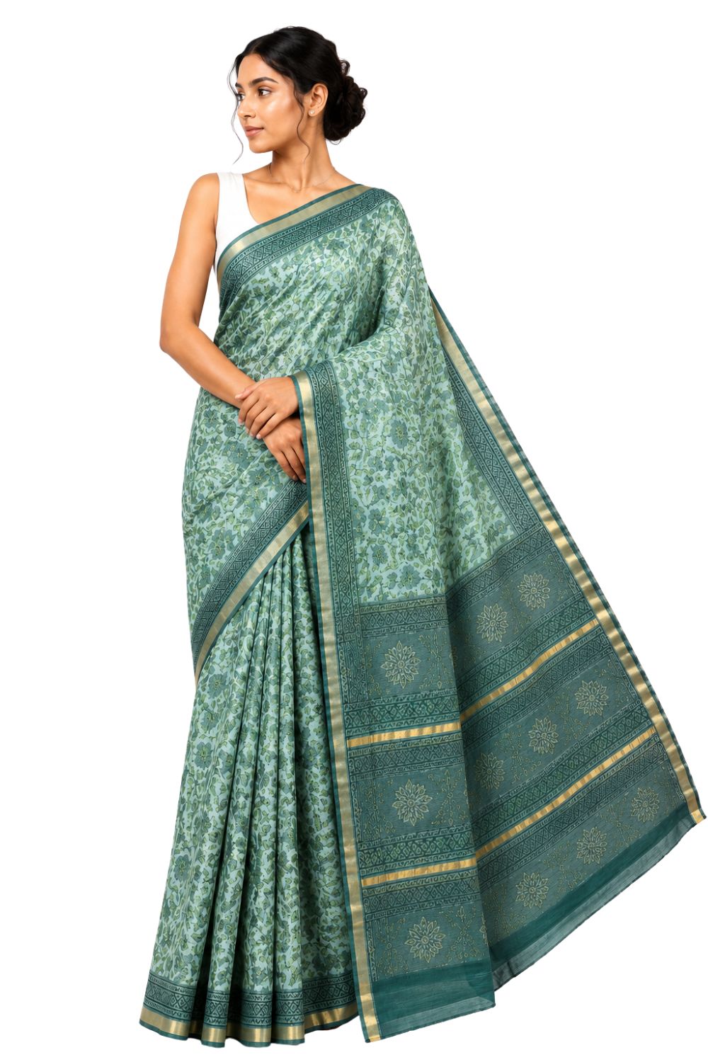 Naidu Hall Women's Green Kotta Print Cotton Blend Saree with Blouse | Lightweight Ethnic Wear Saree - WS10