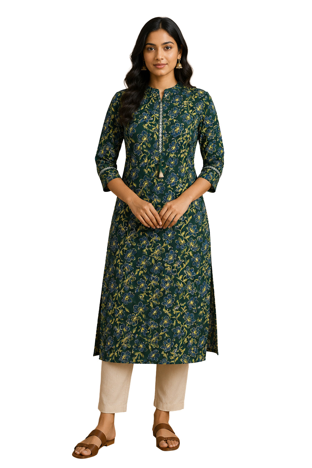 Women's Cotton Blend Printed Kurti | Mandarin Collar 3/4 Sleeve Below Knee Kurti for Women | Regular Fit Ethnic Daily Wear Kurta - JS52