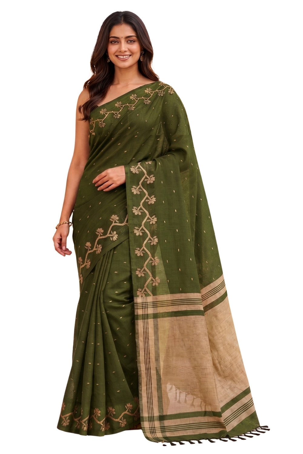 Naidu Hall Women's Green Khadi Cotton Blend Jacquard Saree with Blouse | Lightweight Ethnic Wear Saree - G475