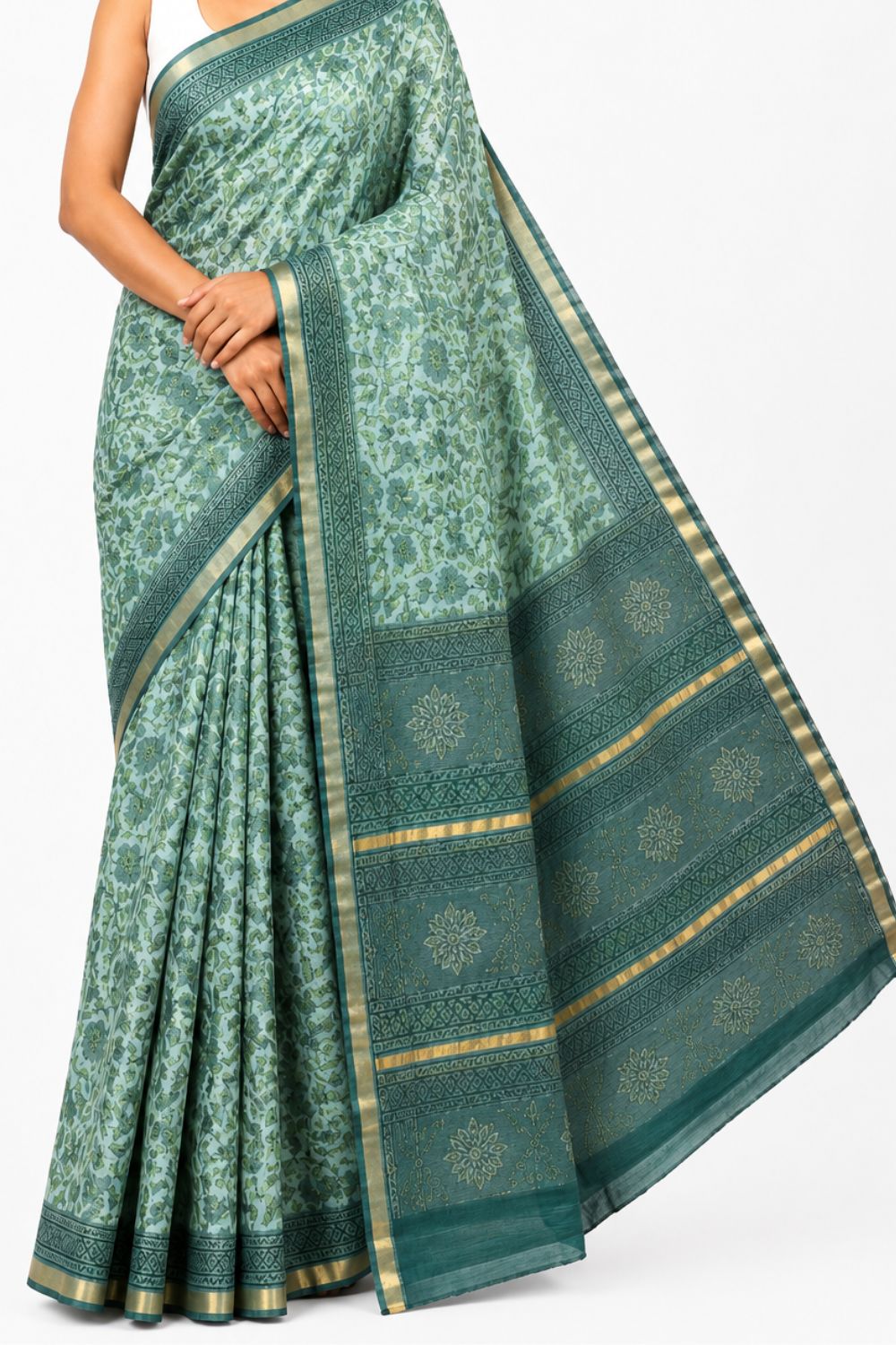 Naidu Hall Women's Green Kotta Print Cotton Blend Saree with Blouse | Lightweight Ethnic Wear Saree - WS10