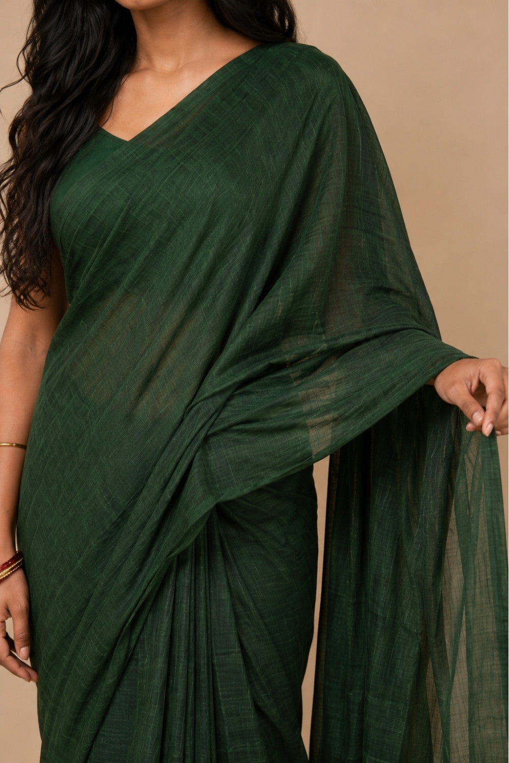 Naidu Hall Women's Green Khadi Cotton Blend Solid Saree with Blouse | Lightweight Ethnic Wear Saree - G359
