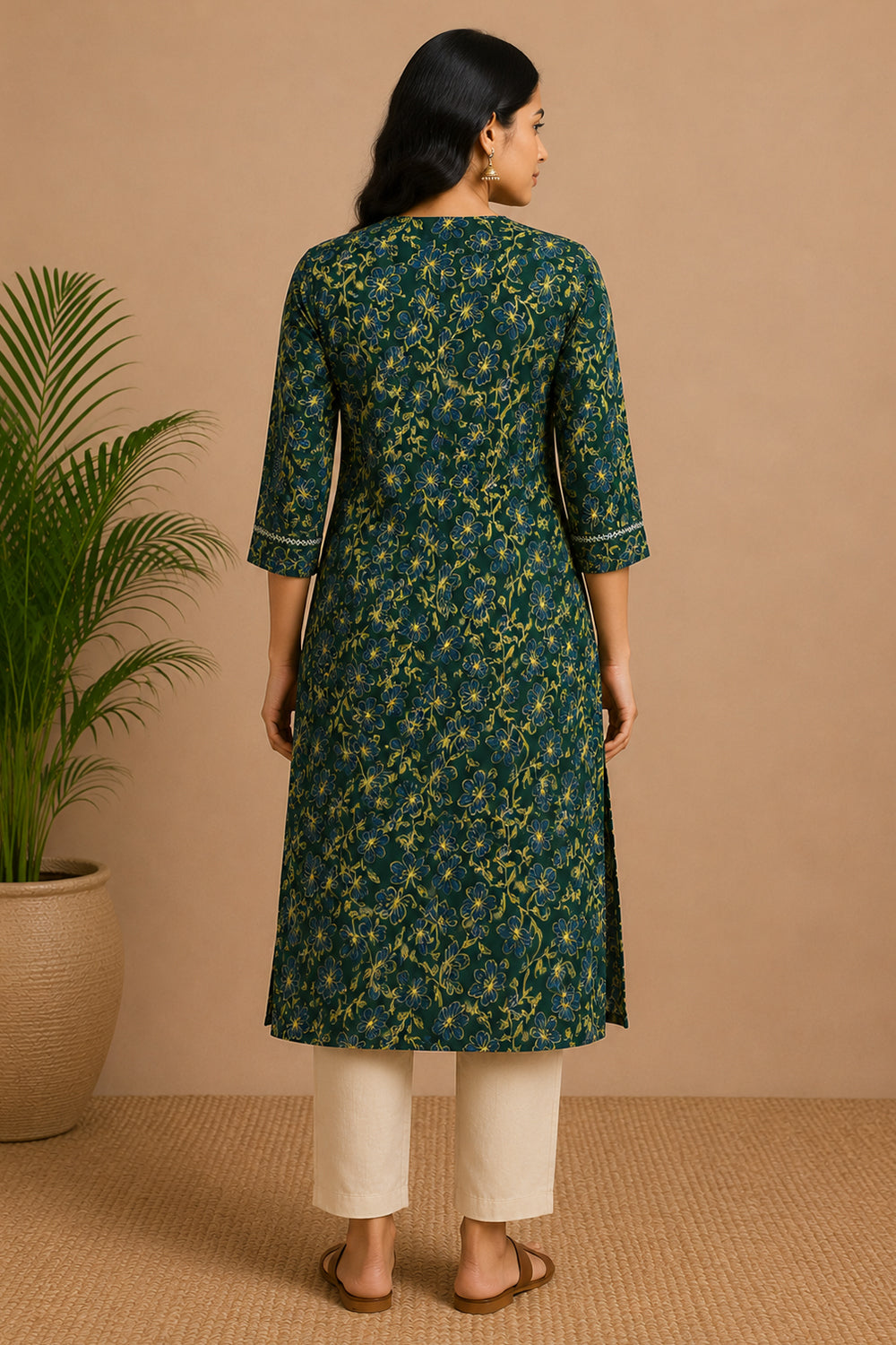 Women's Cotton Blend Printed Kurti | Mandarin Collar 3/4 Sleeve Below Knee Kurti for Women | Regular Fit Ethnic Daily Wear Kurta - JS52