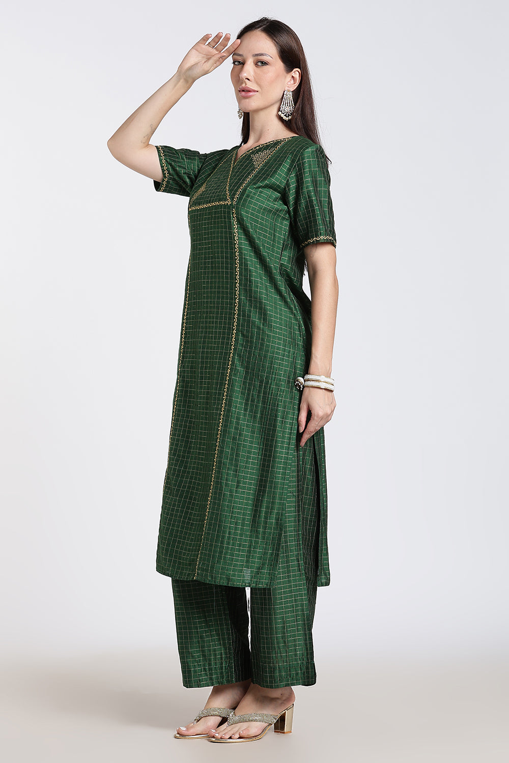 Mythri Women's Cotton Blend Embroidered Kurta Set with Wide Leg Pants | Crossover V-Neck Ethnic Kurta Set for Women | Festive & Traditional Wear - KS04