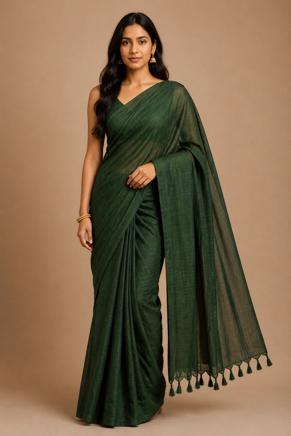 Naidu Hall Women's Green Khadi Cotton Blend Solid Saree with Blouse | Lightweight Ethnic Wear Saree - G359