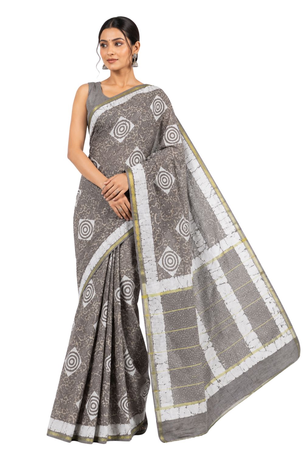 Naidu Hall Women's Grey Chanderi Print Cotton Blend Saree with Blouse | Lightweight Ethnic Wear Saree - WS09