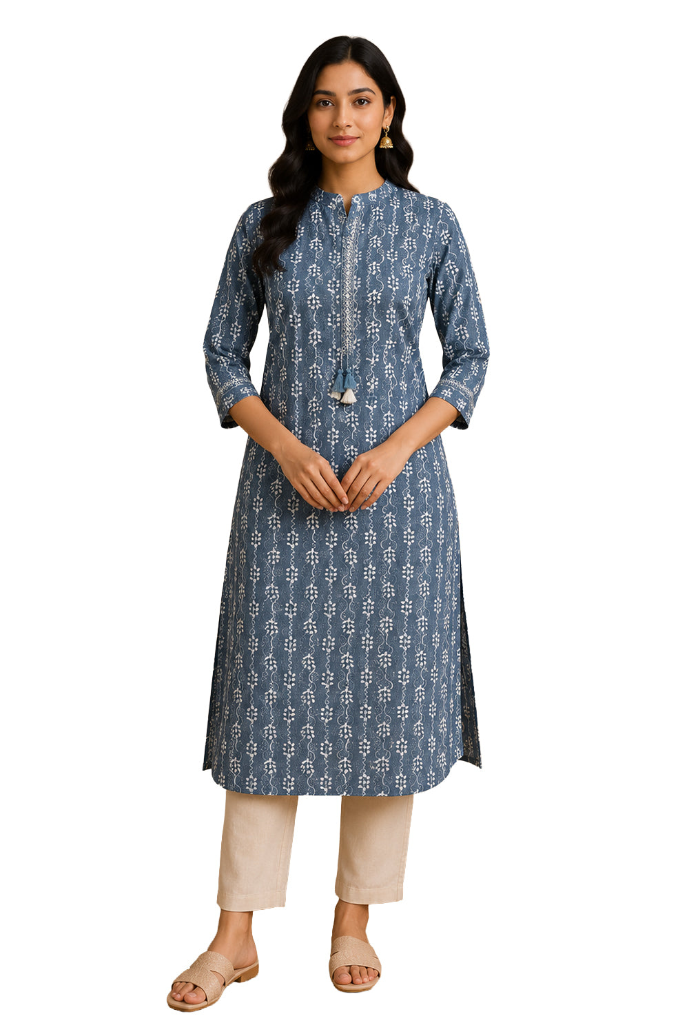 Women's Cotton Blend Printed Kurti | Mandarin Collar 3/4 Sleeve Below Knee Kurti for Women | Regular Fit Ethnic Daily Wear Kurta - JS52
