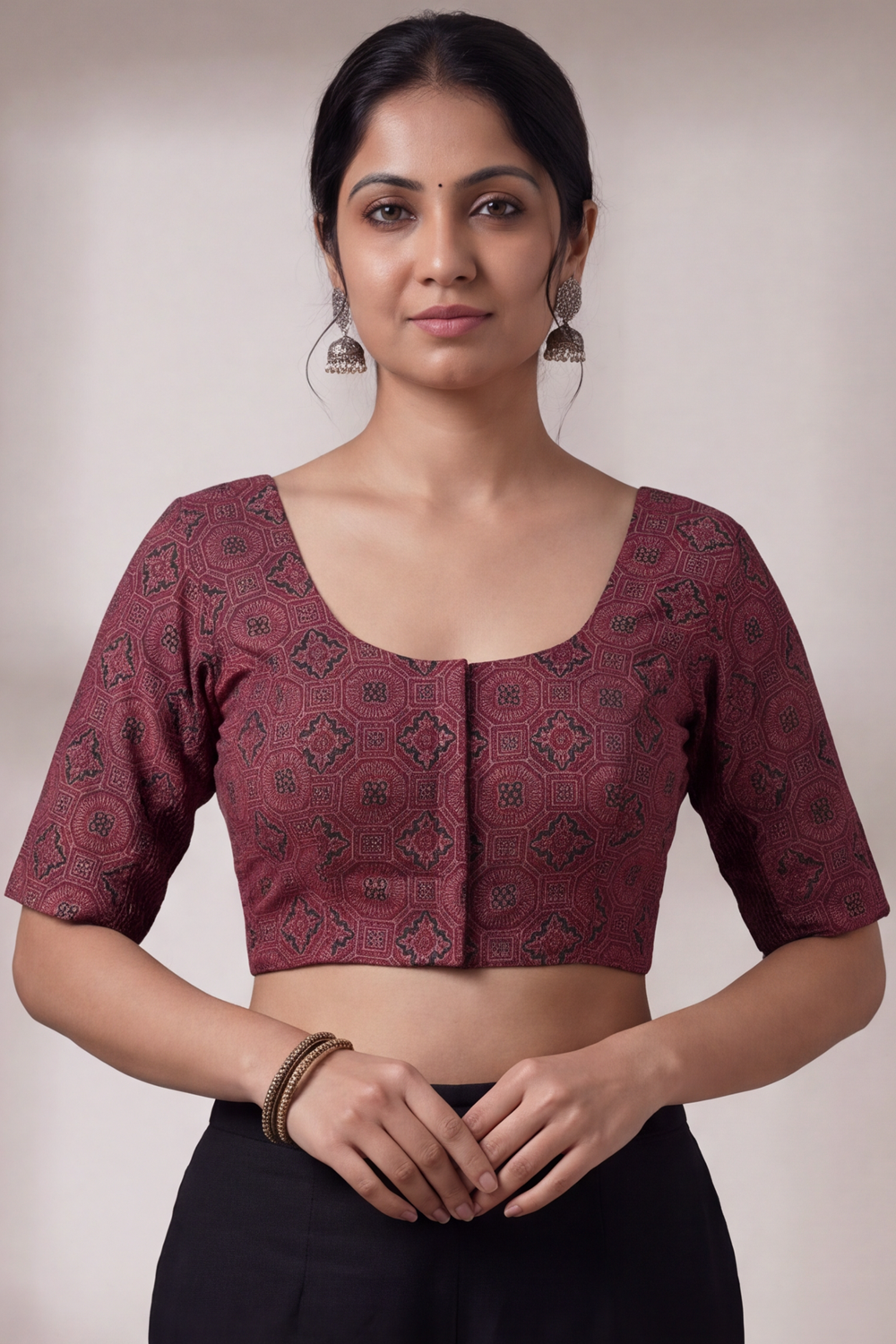 Women's Prints Cotton Blend Saree Sides Stretchable Blouse with Round Neck, Elbow Sleeve and Regular Fit | Ready-to-Wear Saree Blouse for Daily Wear & Festive Wear - H003