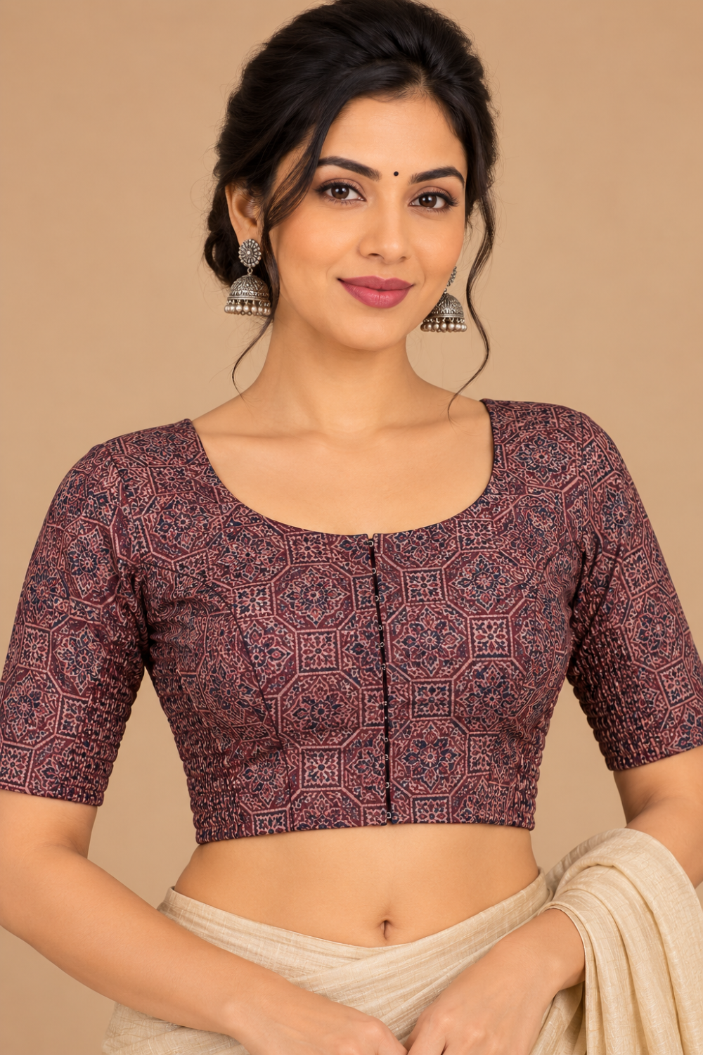 Women's Prints Cotton Blend Saree Sides Stretchable Blouse with Round Neck, Elbow Sleeve and Regular Fit | Ready-to-Wear Saree Blouse for Daily Wear & Festive Wear - H003