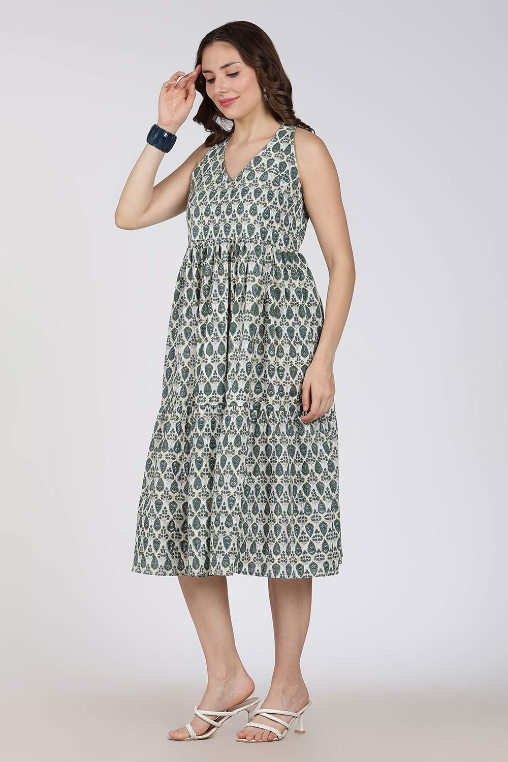 Mythri Women’s Cotton Dress – Jaipur Hand Block Print Halter Neck Calf Length Dress | Stylish Everyday Wear - HANV