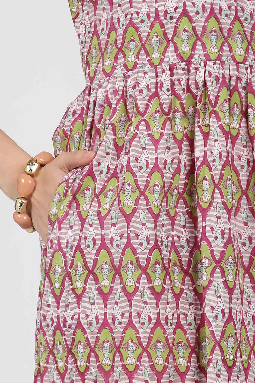 Mythri Women’s Cotton Dress – Jaipur Hand Block Print Halter Neck Calf Length Dress | Stylish Everyday Wear - HAPU