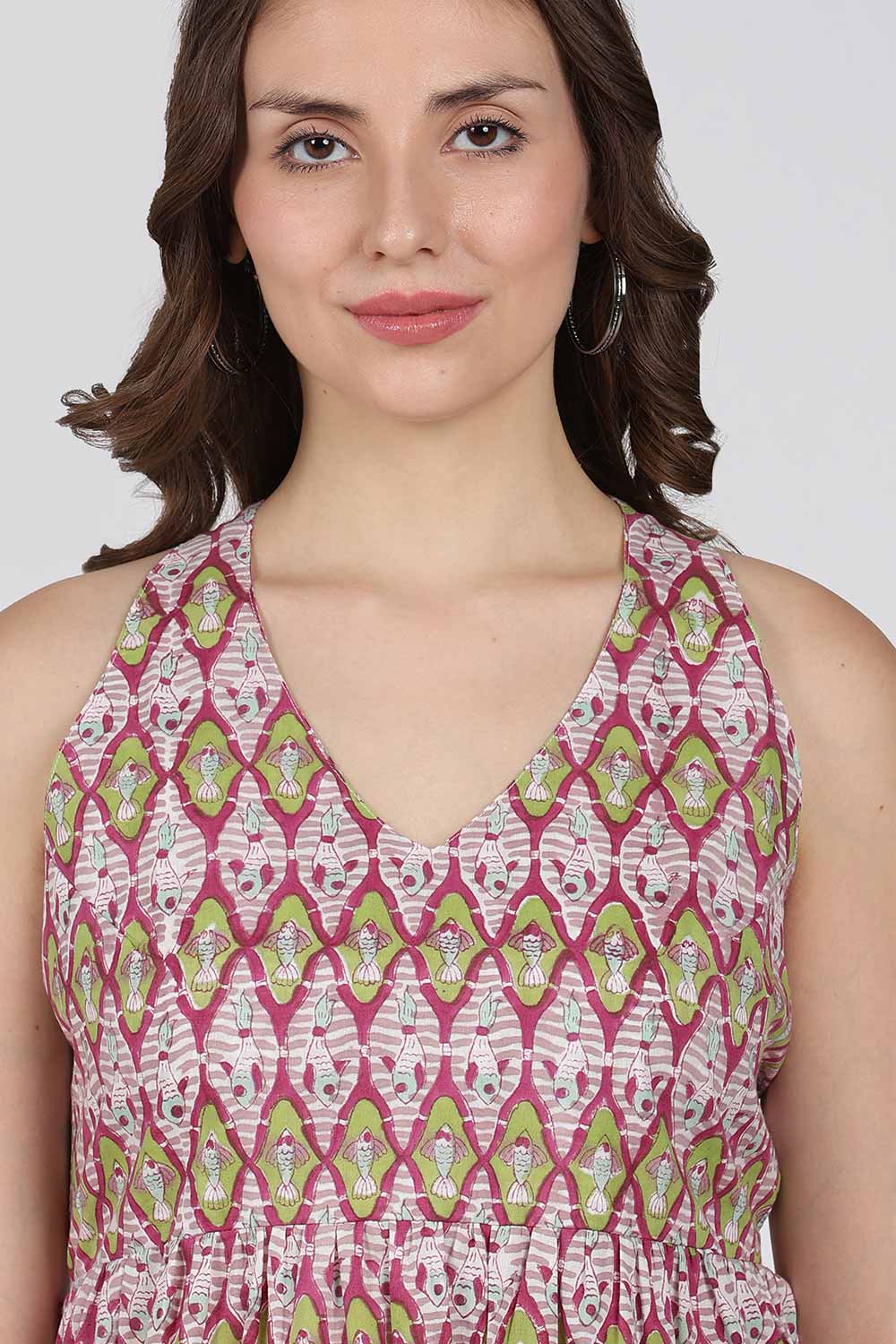 Mythri Women’s Cotton Dress – Jaipur Hand Block Print Halter Neck Calf Length Dress | Stylish Everyday Wear - HAPU
