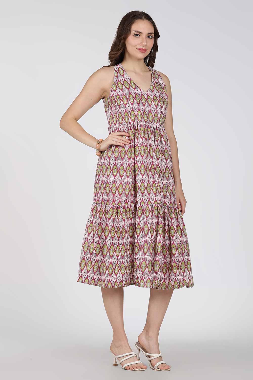 Mythri Women’s Cotton Dress – Jaipur Hand Block Print Halter Neck Calf Length Dress | Stylish Everyday Wear - HAPU