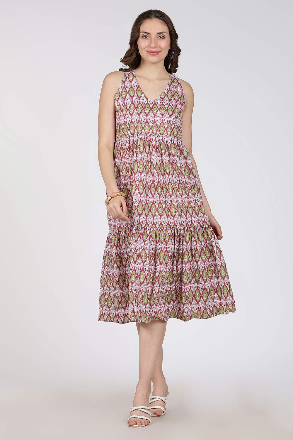 Mythri Women’s Cotton Dress – Jaipur Hand Block Print Halter Neck Calf Length Dress | Stylish Everyday Wear - HAPU