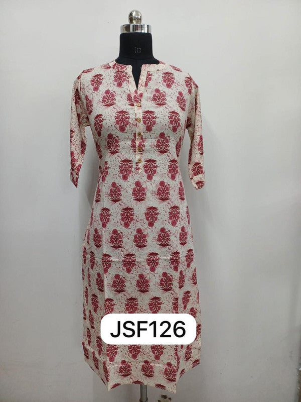 Women’s Cotton Blend Printed Kurthi | Regular Fit Ethnic Wear with 3/4 Sleeves & Mandarin Collar - Maroon - F126