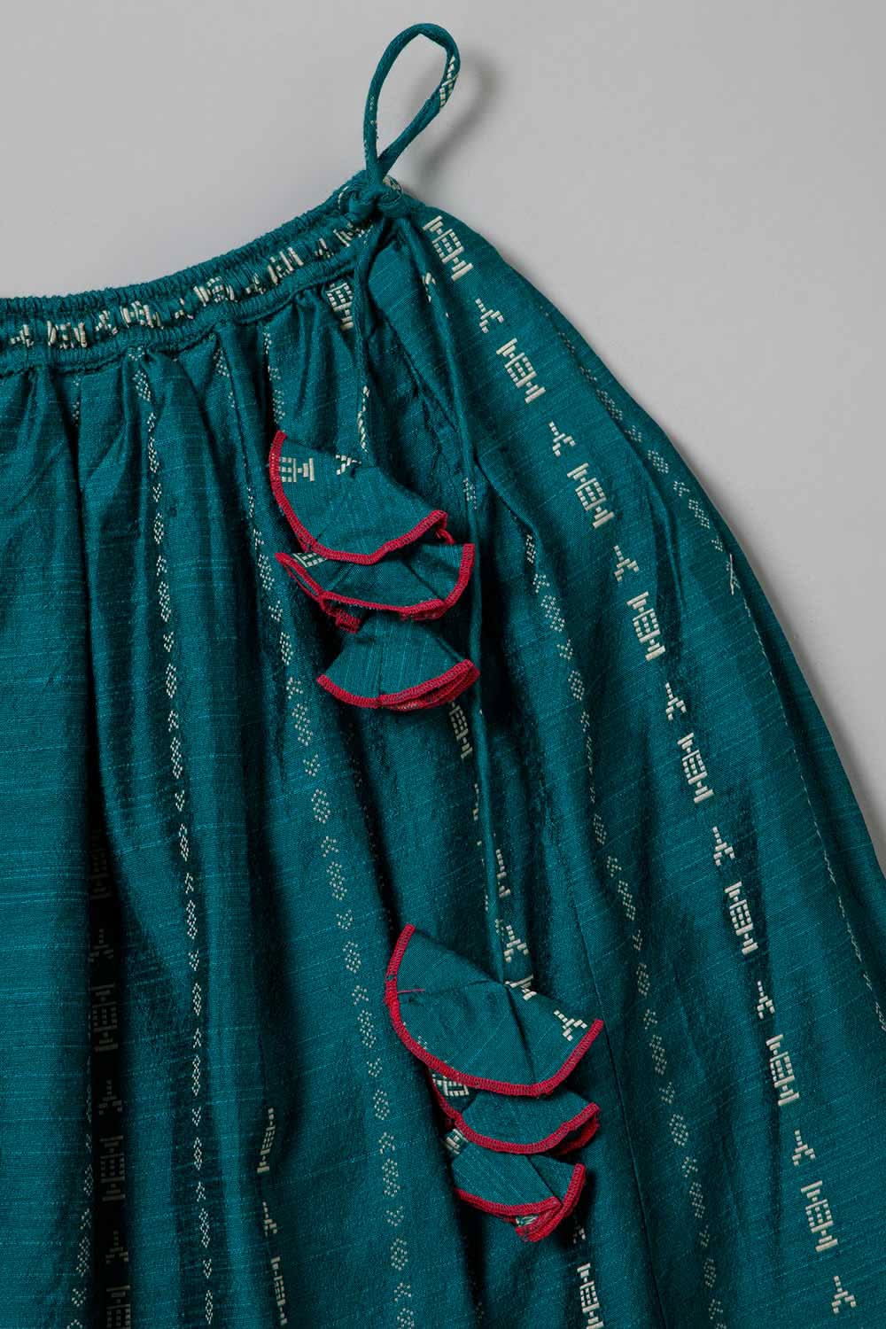 Chittythalli Traditional Pavadai Set with Petal Sleeve and Contrast Fabric Ball Detailings - Pink & Green - PS30
