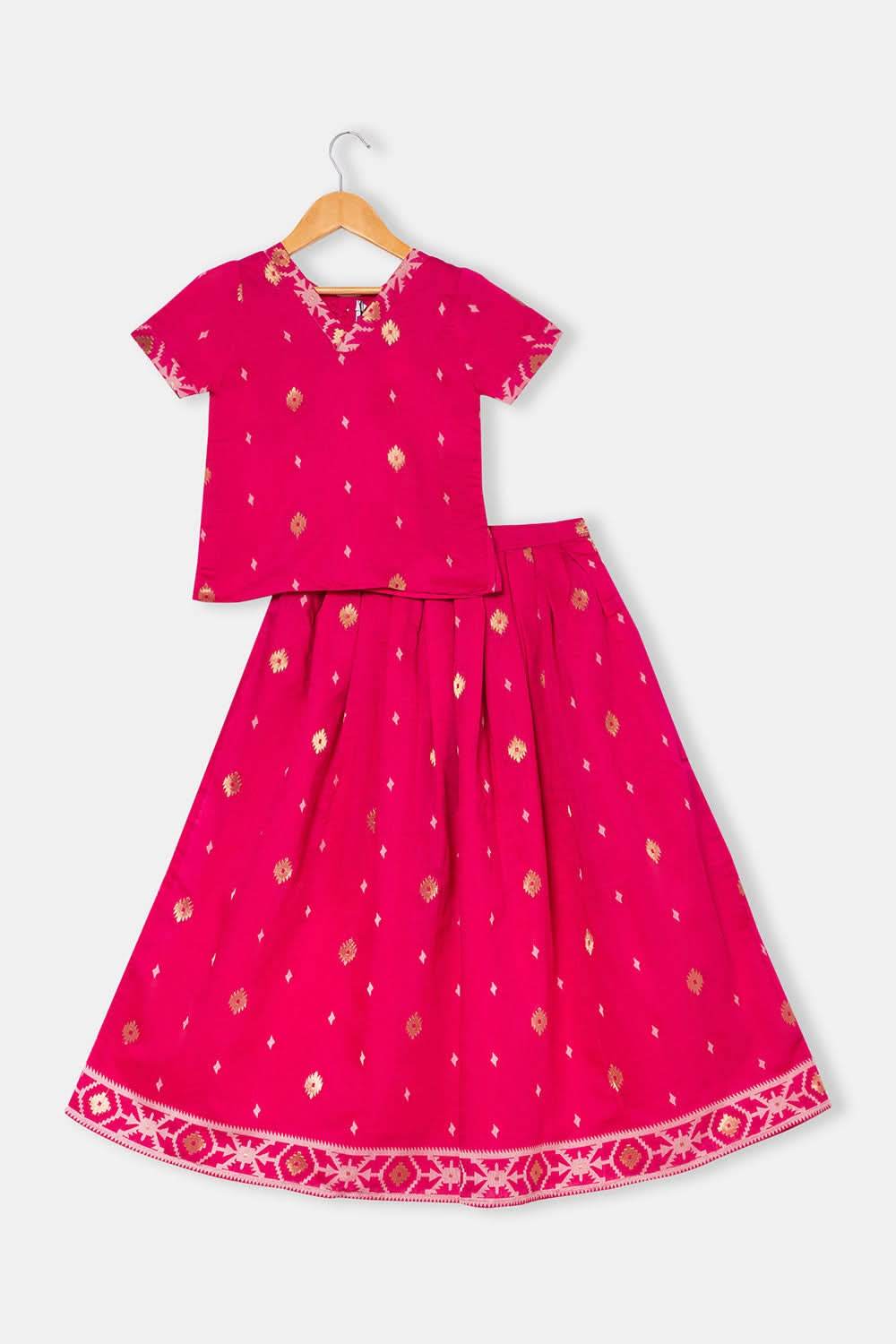 Chittythalli Stylized Neckline Top with Pleated Sleeves & Box Pleat Skirt - Pink - PS82 - Naidu Hall Family Store
