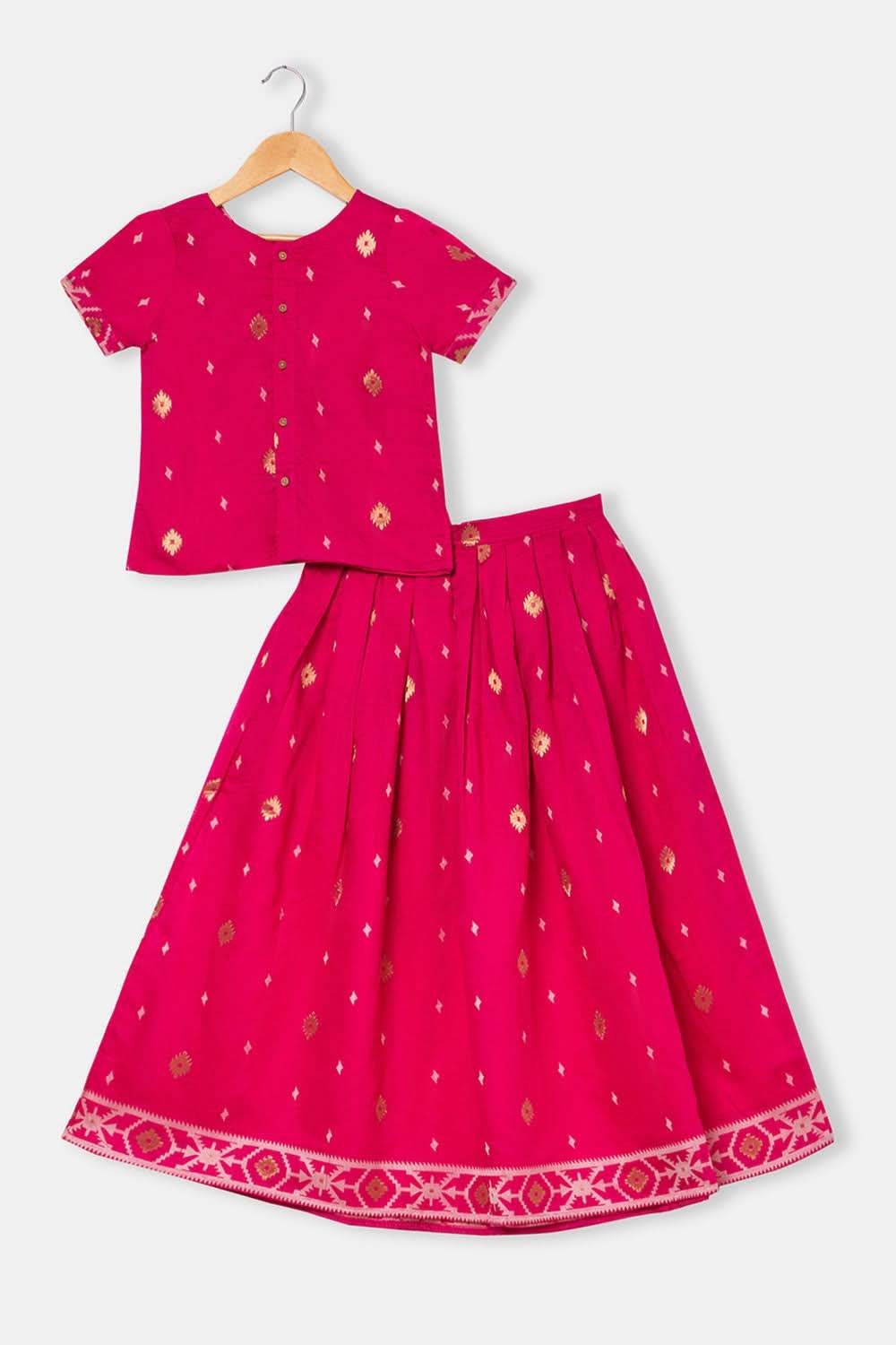 Chittythalli Stylized Neckline Top with Pleated Sleeves & Box Pleat Skirt - Pink - PS82 - Naidu Hall Family Store