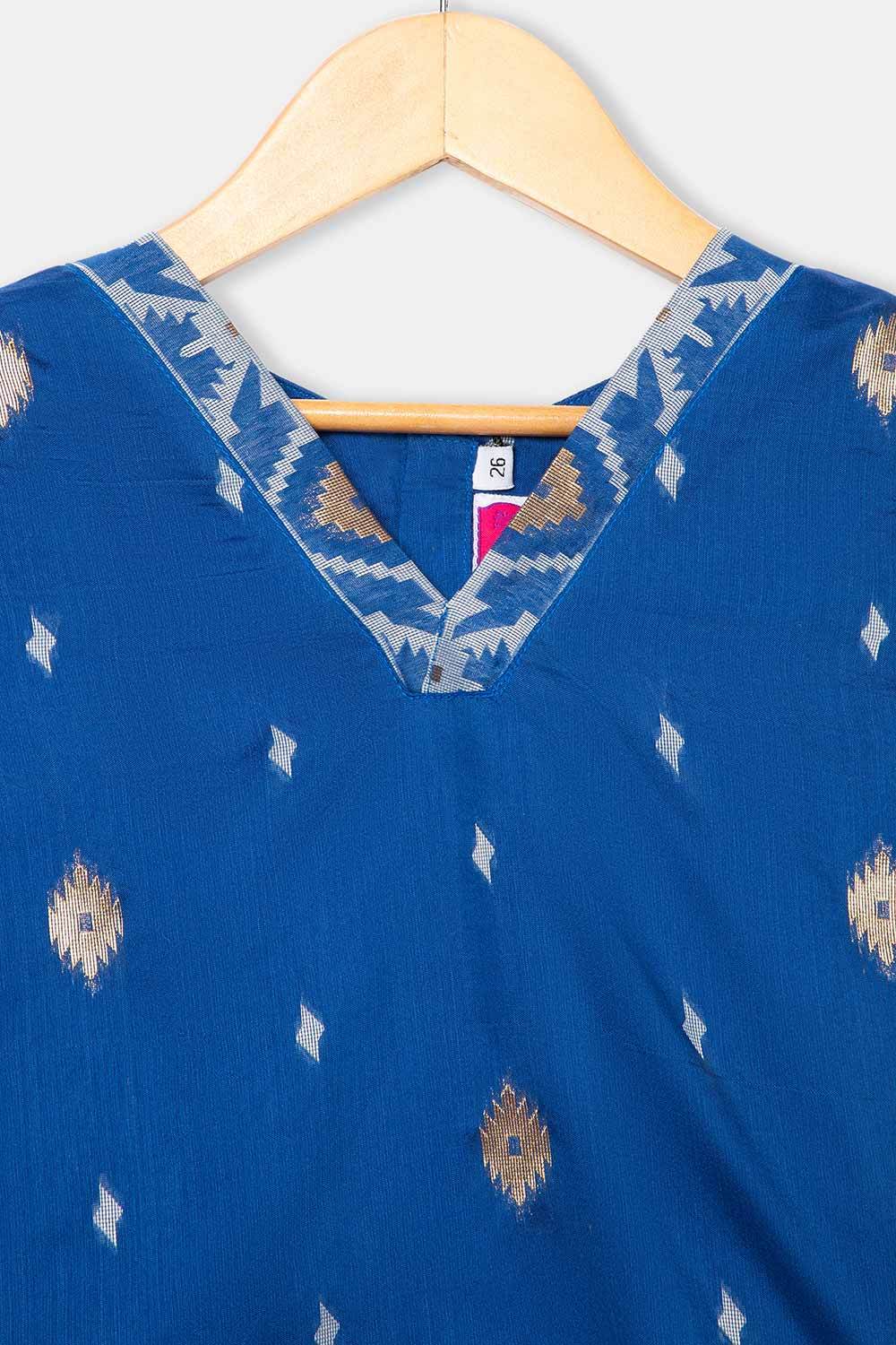 Chittythalli Stylized Neckline Top with Pleated Sleeves & Box Pleat Skirt - Blue - PS82 - Naidu Hall Family Store