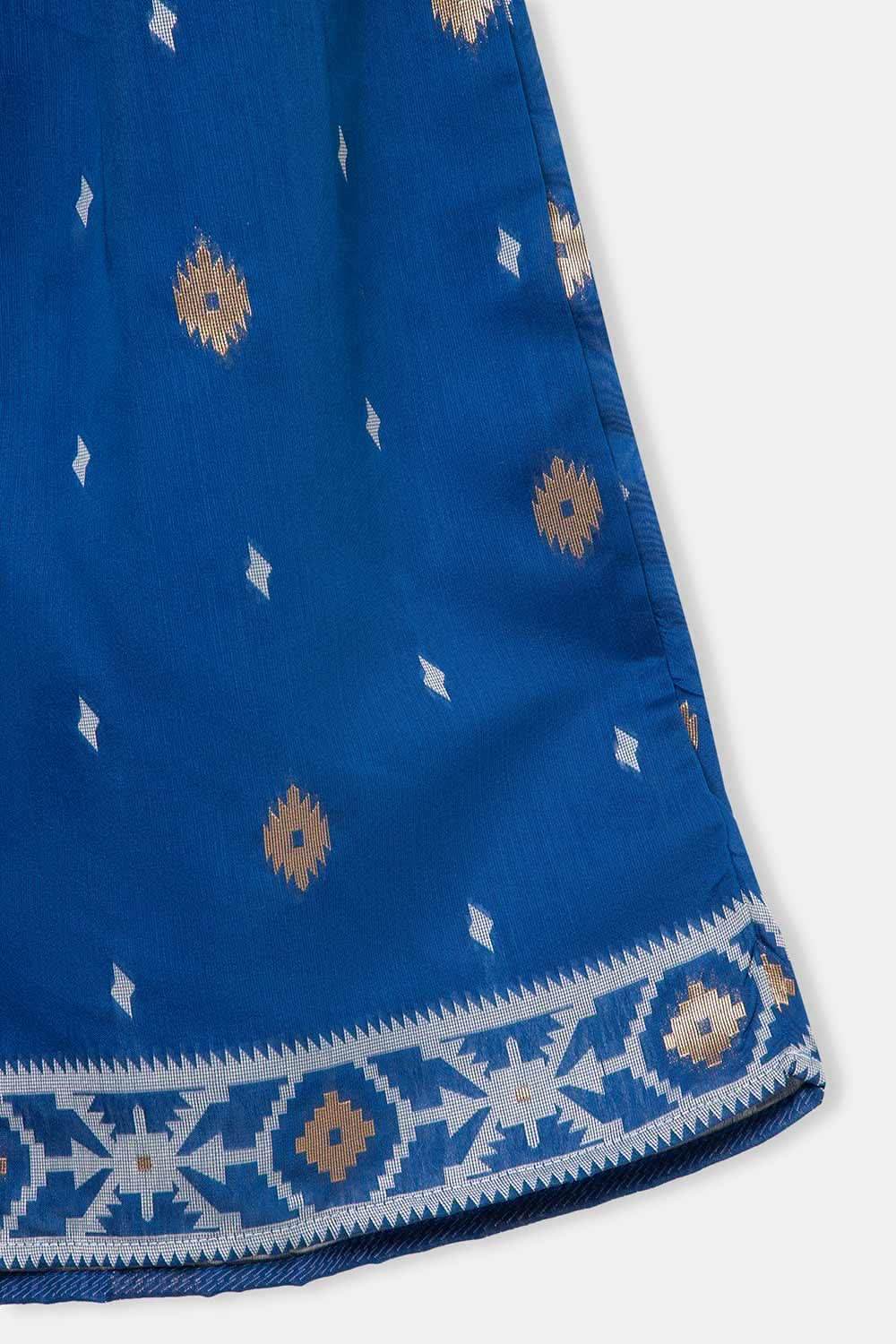 Chittythalli Stylized Neckline Top with Pleated Sleeves & Box Pleat Skirt - Blue - PS82 - Naidu Hall Family Store