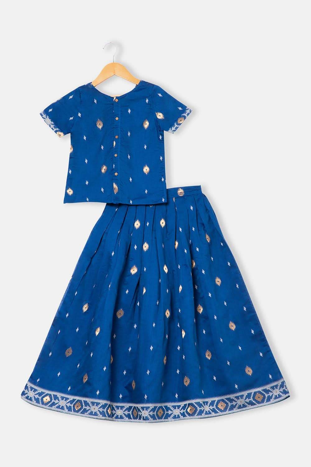 Chittythalli Stylized Neckline Top with Pleated Sleeves & Box Pleat Skirt - Blue - PS82 - Naidu Hall Family Store