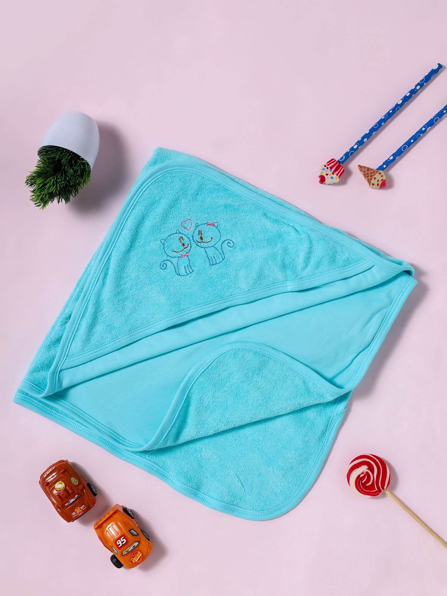 Naidu Hall Oh Baby Plain Embroidery Cotton Carry Towel - Light Blue - Hood Terry Print - Naidu Hall Family Store