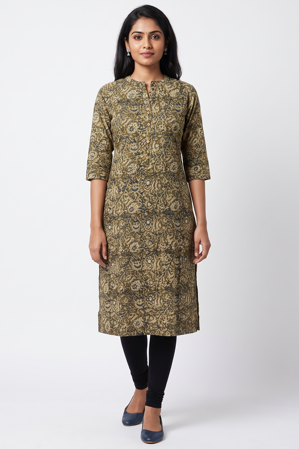 Women's Prints Cotton Blend Kurti with Round With V Cut Neck, 3/4 Sleeve and Regular Fit - Below Knee | Casual Ethnic Wear Kurti for Daily Wear & Casual Outings - F123